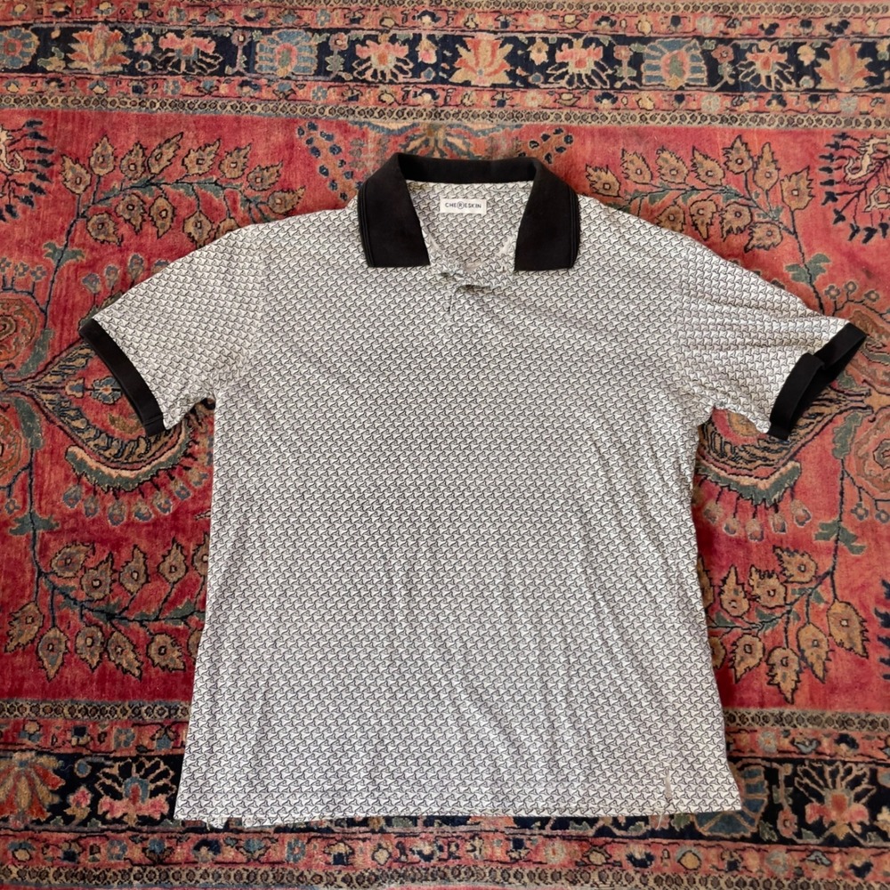 Chereskin Mens Geometric Print Polo Shirt Black White Short Sleeve Ribbed M-L